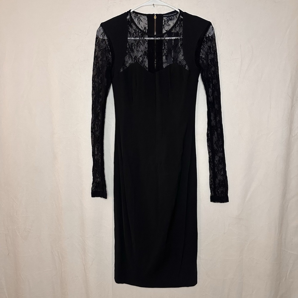 French Connection Women's Long Lace Sleeve Black Crepe Delux Lace Sheath Dress 6